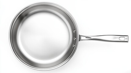 Empty stainless steel skillet isolated on a white background New frying pan of 18 10 chrome nickel steel cutout Modern inox cookware Metal frypan for food frying searing and browning Top view