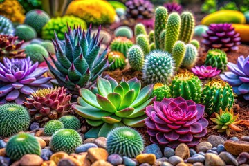 Miniature desert landscape: stunning succulents and cacti thrive in a rock garden.
