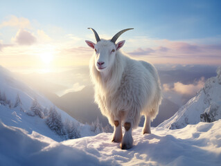 Obraz premium Regal White Goat Standing Majestically Atop Snowy Mountain Peak