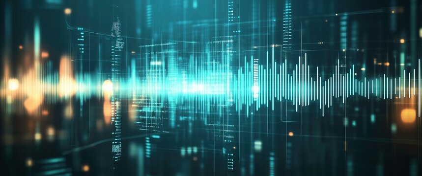 Digital Soundwave Abstract: An abstract visualization of a digital soundwave, pulsating with vibrant teal and gold hues against a dark background.  The image evokes a sense of energy, technology.