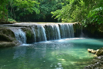 A hidden waterfall deep in the jungle, surrounded by lush green moss
