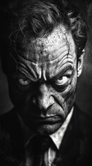 This striking black and white portrait showcases a man with intense emotions captured through a dramatic expression, revealing deep inner turmoil and resilience.