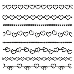 Line art horizontal pattern set with graphic heart. Valentine's Day, wedding decorative element. 