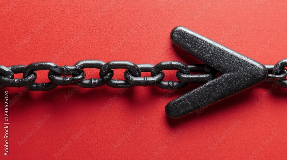Aufkleber black metal chain linked with arrow pointing right on red background.