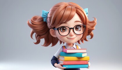 Smiling Cartoon Girl with Books