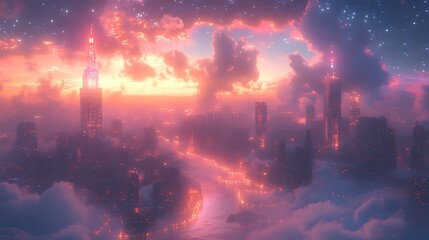 Obraz premium Futuristic city skyline at sunset, nestled in clouds, with glowing buildings and starry sky.