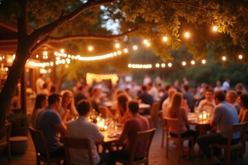 lively, outdoor, gathering, rustic, setting, under, trees, string, lights