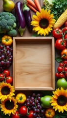 A colorful display of fresh vegetables, including broccoli, eggplant, and tomatoes, surrounds a blank wooden frame. This lively composition bursts with the essence of nature, inviting creativity and