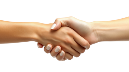 Handclasp of Partnership: Two hands, one light and one medium-toned, clasp together in a firm handshake, symbolizing agreement, trust, and collaboration.
