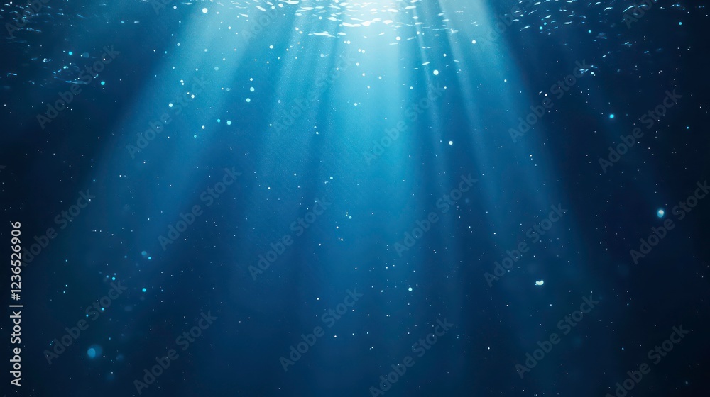 Poster underwater scene with sunbeams and particles.