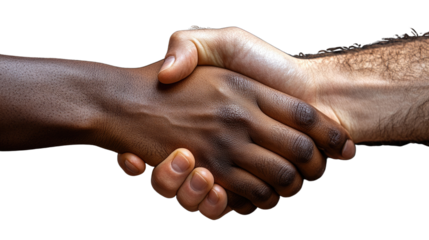 A Handshake of Unity: Two hands, one dark and one light, clasp together in a powerful symbol of unity and shared purpose.  The image portrays a sense of collaboration and shared understanding.