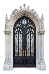 Fototapeta premium Gothic Cathedral Double Door with Ornate Stained Glass and Sculpted Details