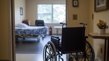 Room in a nursing home through an open door part of a bed table chair wheelchair partial background blur
