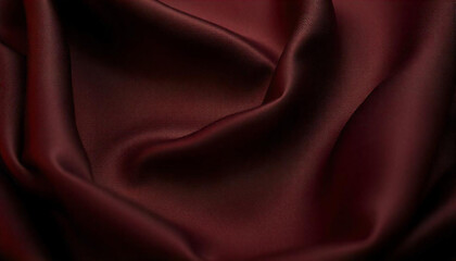 Obraz premium Dark burgundy satin fabric, luxurious textile, soft folds, deep shadows, rich texture, smooth surface, elegant drapery, close-up detail, moody lighting, sensual curves, high-end fashion material.