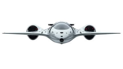 Futuristic Aircraft Design: A sleek, futuristic aircraft, rendered in a striking white and grey color scheme, embodies the cutting edge of aeronautical innovation. The design's powerful engines.