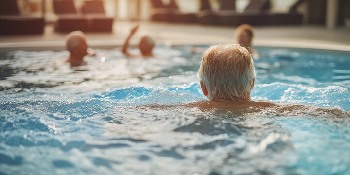 Seniors enjoying a relaxing swim in a warm pool