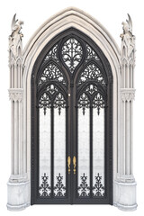 Obraz premium Gothic Cathedral Double Door with Ornate Stained Glass and Sculpted Details