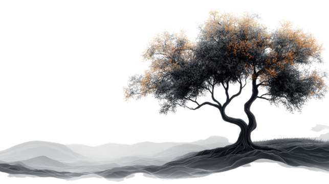 Serene Landscape: A solitary tree, its branches reaching towards the sky, stands on a gentle hill overlooking a misty mountain range, creating a serene and minimalist landscape.