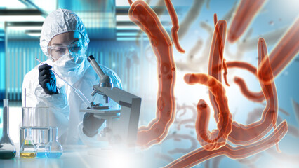 Doctor parasitologist. Woman examines tests with bacteria. Lab assistant with test tube near...