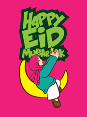 eid mubarak doodle with kids cartoon character lebaran