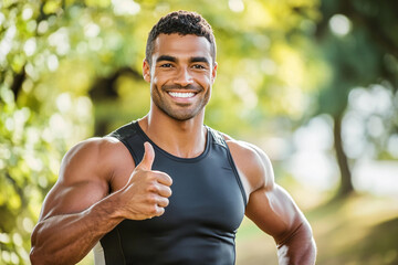Smiling athlete giving thumbs up in sunny park setting