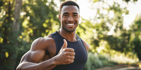 Smiling man giving thumbs up outdoors in sunlight