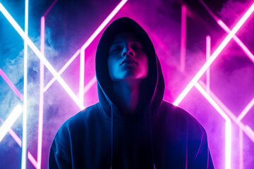 Obraz premium Young person stands confidently in neon light display