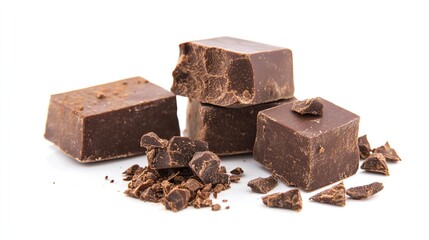  Dark Chocolate Blocks and Pieces Isolated on a White Background: Rich and Tempting Treats
