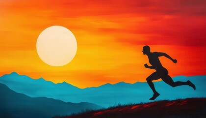 Achieving body goals concept. Silhouette of a runner against a vibrant sunset with mountains in the background.