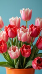 Fototapeta premium A stunning arrangement of tulips in various shades of pink and red bursts forth from a bright orange pot against a soothing blue background. This lively composition radiates joy and freshness, perfect