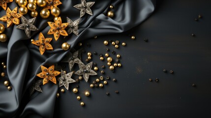 Elegant Dark Gray Silk Fabric with Golden and Gray Star Ornaments