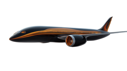 Sleek Black Jet: A luxurious, black passenger jet with elegant gold detailing soars through the sky, showcasing cutting-edge design and technological prowess.  