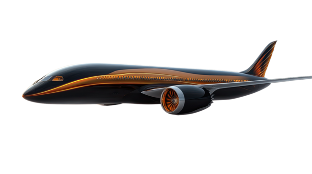 Sleek Black Jet: A luxurious, black passenger jet with elegant gold detailing soars through the sky, showcasing cutting-edge design and technological prowess.  