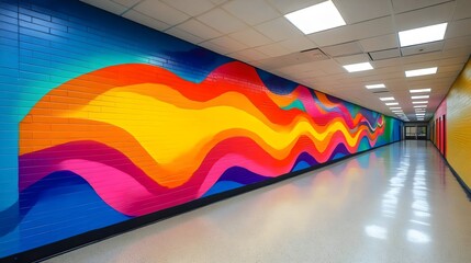 A long hallway with a colorful mural on the wall