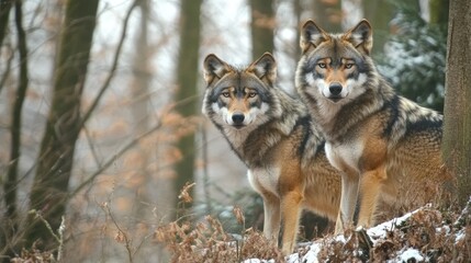 Naklejka premium Eurasian wolf in the forest Wolves in Bavarian forest during winter time Wildlife in in Europe during winter time