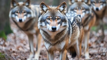 Fototapeta premium Eurasian wolf in the forest Wolves in Bavarian forest during winter time Wildlife in in Europe during winter time