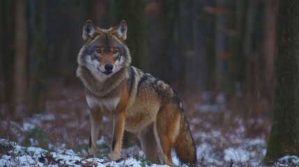 Obraz premium Eurasian wolf in the forest Wolves in Bavarian forest during winter time Wildlife in in Europe during winter time