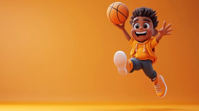Joyful cartoon boy dunking basketball orange cartoon boy basketball sport game player action happy excited jump shoes court net ball 3d animation illustration character fun energetic child kid