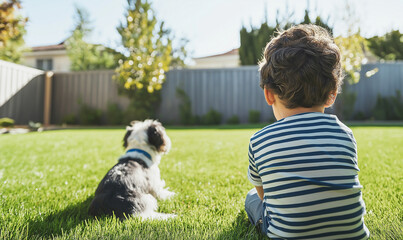 Child and Dog Relaxing in Backyard