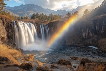 Waterfall cascades with vibrant rainbow in a scenic mountain landscape at sunset