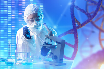 Geneticist works in lab. Genetic engineering. Female doctor examines genome. Geneticist at table...