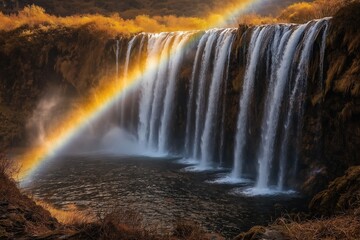 Obraz premium Majestic waterfall under a vibrant rainbow during sunset in a serene natural landscape