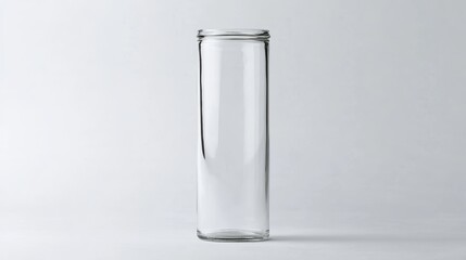 A tall cylindrical empty glass jar also placed on a plain white background showcasing its simple and clean lines