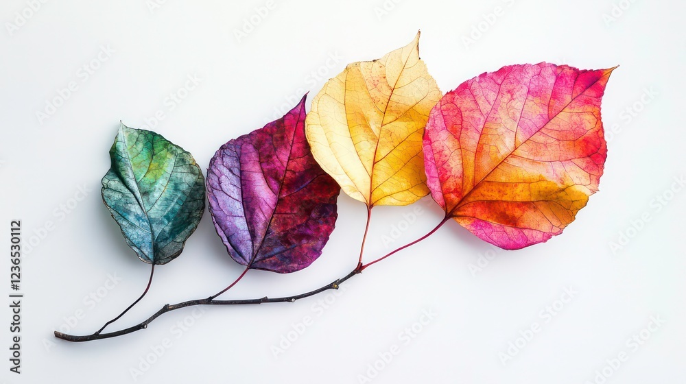 Poster four vibrant autumn leaves on a twig, arranged in a row against a white background, showcasing a spe
