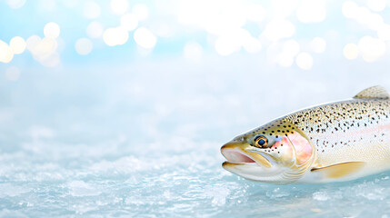 Naklejka premium Fresh fish with vibrant scales and delicate fins lying on a frozen surface. Great for fishing industry visuals, sustainable seafood branding, and cold-water culinary photography. Selective focus