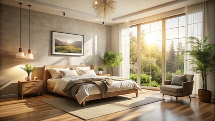 Fototapeta premium Sunlight floods this minimalist bedroom, creating a tranquil and cozy relaxation space.