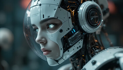 Fototapeta premium Futuristic Female Cyborg in a Close-up Shot, Cyberpunk Style