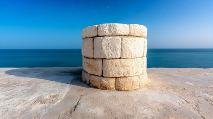 Naklejka premium Coastal stone structure, clear day, ocean view, tranquil scene, travel photo