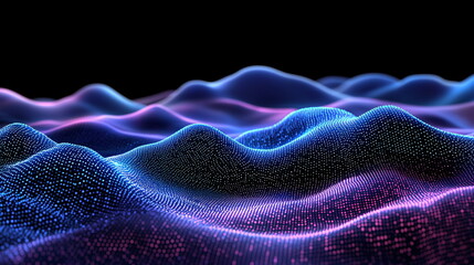 Fototapeta premium Vibrant abstract landscape with wavy patterns illuminated by neon lights creating a mesmerizing visual effect against a dark background.
