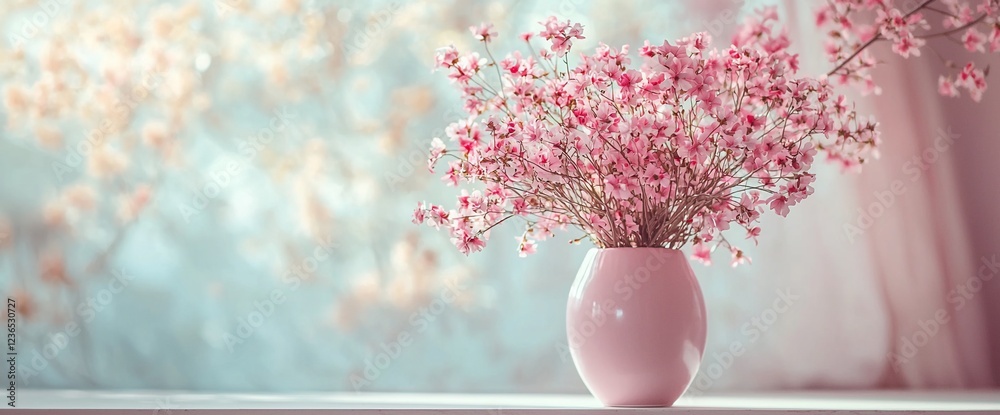 Poster Pink flowers in a vase by a window.